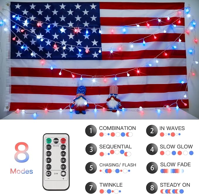 suddus 50LED Globe String Lights Battery Operated Red White and Blue Lights | Globe Lights with Timer 8 Mode, Fairy Lights for Flag, Backyard, Patio,Bedroom, Living Room Decoration