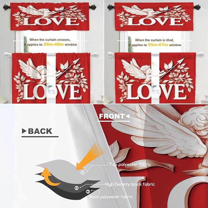 Shrahala Cupid Love Blackout Curtain Tiers, Romantic Love Kitchen Valance Light Blocking Tier Drapes with Rod Pocket, 2 Pack 26 X 36 in