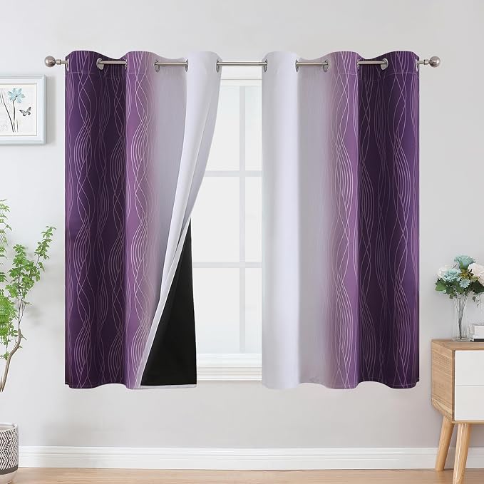 Estelar Textiler Purple and Greyish White Ombre Blackout Curtains 45 Inch Length 2 Panels, Full Room Darkening Gradient Drapes for Bedroom,Thermal Insulated Grommet Short Curtains for Bathroom,42Wx45L