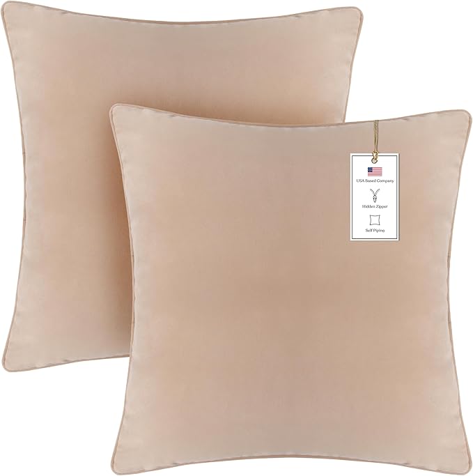 A1HC Set of 2 Luxurious Fine Soft Velvet Throw Pillow Covers Only, for Sofas, Beds, Vibrant Colors and Hidden Zipper. Enhance Your Living Space with Decorative Couch Pillow 22"x22", Khaki
