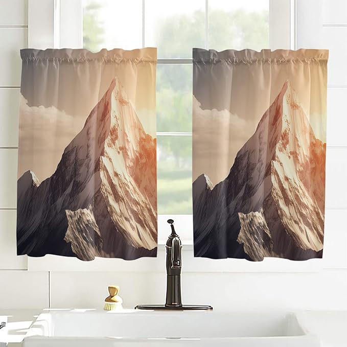 Kitchen Tier Curtains 45 inches Length, Mountains Natural Landscape Alps Window Curtains for Living Room Bath Cafe,Rod Pocket Light Filtering Drapes Short Half Window Treatment Tiers 2 Panels