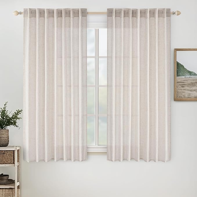 MIULEE White Short Linen Curtains 45 Inch Length 2 Panels for Kitchen Bedroom Bathroom, Soft Thick Linen Textured Natural Basement Window Drapes Semi Sheer Light Filtering Back Tab Rod Pocket