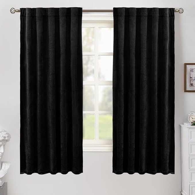 BGment 63 Inch Black Velvet Curtains for Bedroom, Halloween Blackout Curtains Thick Super Soft Thermal Insulated Back Tab and Rod Pocket Window Treatment Panels for Kitchen, 2 Panels, 42 x 63 Inch