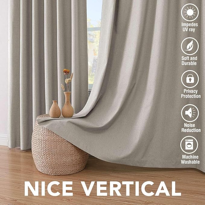 H.VERSAILTEX Linen Look 100% Blackout Curtains 63 Inches Long for Bedroom Full Light Blocking Rod Pocket 42 Inches Wide Linen Textured Thick Window Curtain Drapes with White Backing, Stone, 2 Panels