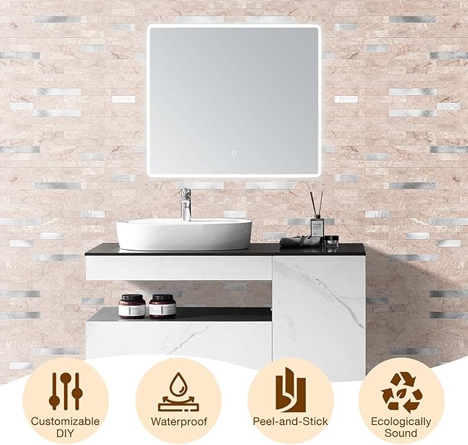 Peel and Stick Backsplash Tile Waterproof Removable PVC Wall Sticker 3D Faux Stone Marble Brick White Accent Panels (Pink Marble - Metal Silver, 40 Tiles - 18 sq. ft. (1.68 m²)