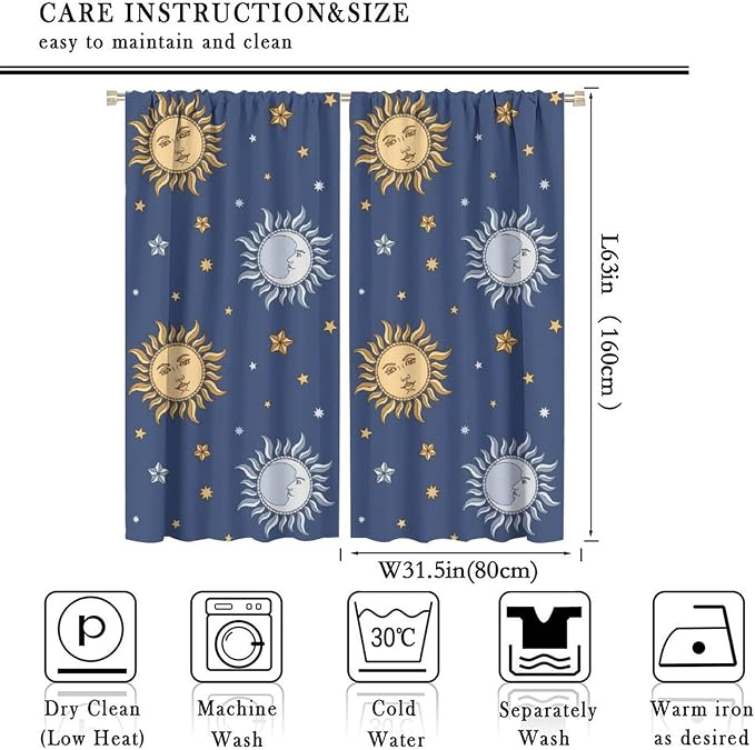 Vintage Sun Moon Bohemian Blackout Window Curtains, Retro Boho Style Print Rod Pocket Window Drapes, for Living Room Bedroom 63x63in 2 Panels