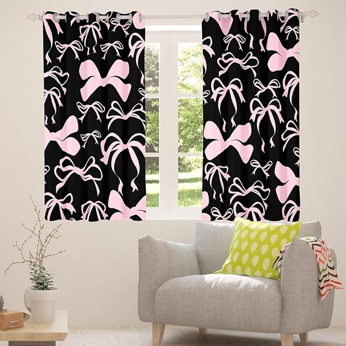 Feelyou Room Darkening Bow Curtains (2 Panels, 38 x 45 Inch) - Black Pink Girls Bedroom Living Room Cute Bowknot Window Treatments - Kawaii Blackout Curtains
