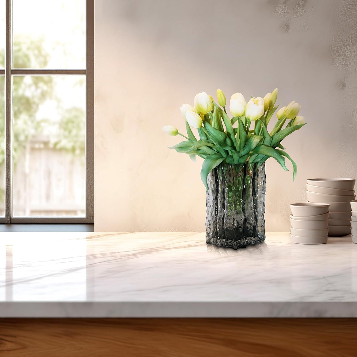 15pcs Artificial Tulips Flowers, Fake Tulips Real Touch, Faux Latex Bouquets, for Party Wedding Home Room Decoration (White)