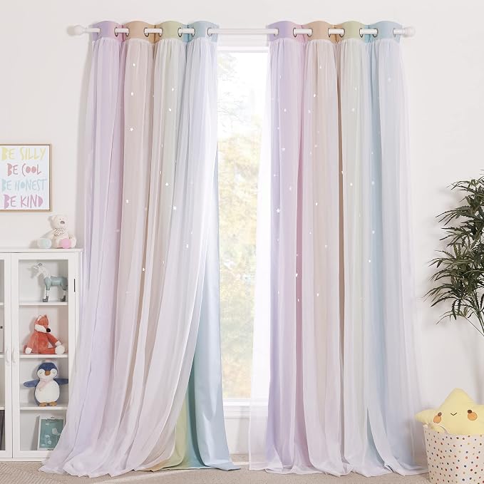 NICETOWN Star Kids Blackout Rainbow Digital Printing Overlapped White Sheer Curtain Panels, Room Darkening Drapes Decor for Girls/Thanksgiving, Add Tie-Backs(Rainbow, Set of 2, W104 x L95)
