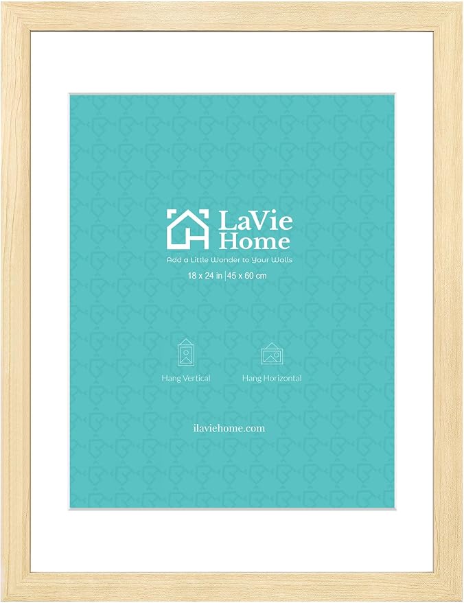 LaVie Home 18x24 Picture Frame Beige Oak Wood Poster Frame, Display Pictures 16x20 with Mat or 18x24 Without Mat, Stable Frame and Polished Plexiglass, Horizontal and Vertical Format of The Walls
