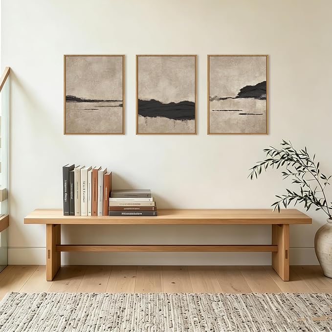 Large Abstract Black and Tan Framed Canvas Wall Art,Vintage Minimalist Wall Decor,Neutral Brush Stroke Artwork,Modern Textured Art Print for Living Room,Bedroom,Office- 12"x16"x3