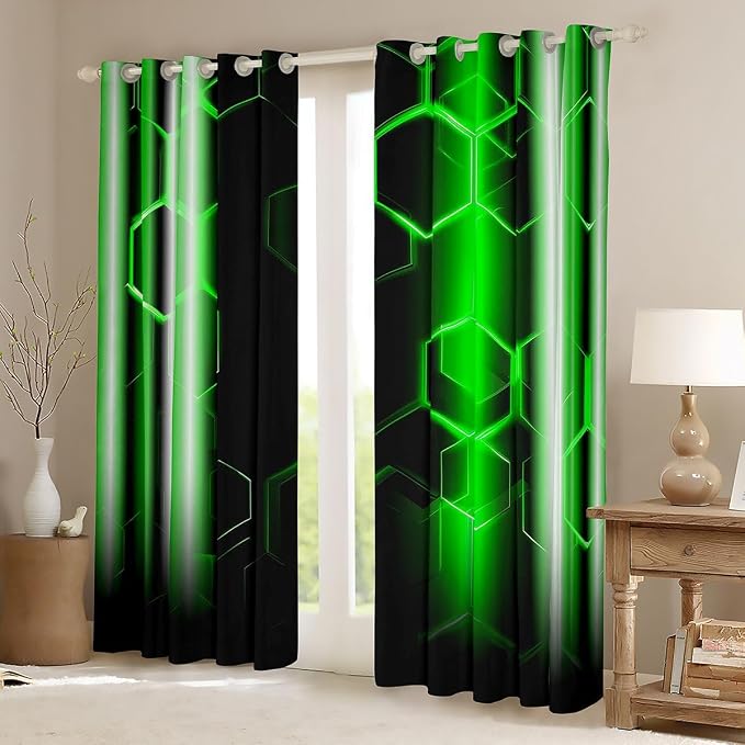 jejeloiu Honeycomb Curtains (2 Panels, 52 x 84 Inch) Modern Hexagon Theme Green Curtains Strip Lines Darkening Dreapes Modern Gradient Black Green Window Treatments Blackout