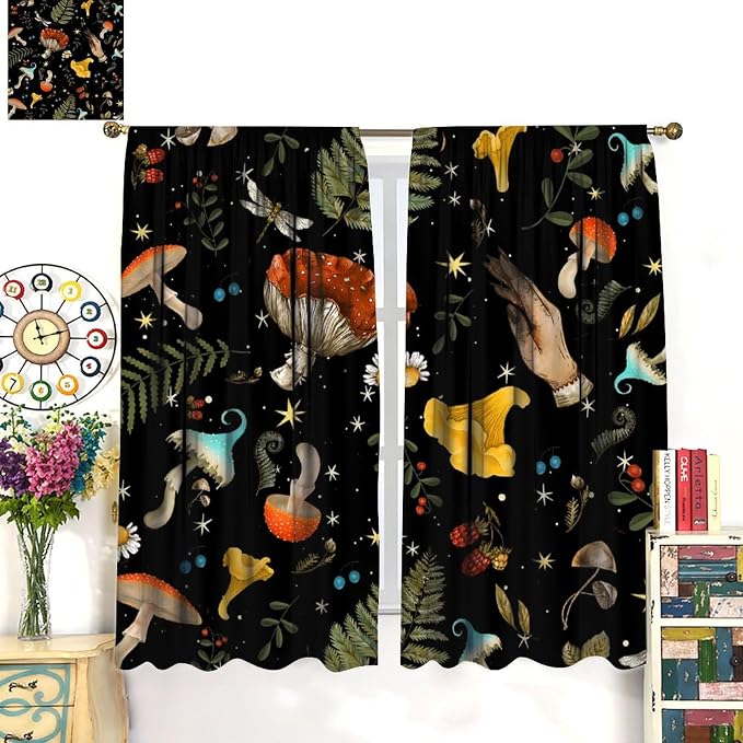Retro Mushroom Curtains, Boho Rustic Vintage Botanical Mushroom Gothic Witch Wildflower Plant Print Blackout Window Treatments for Living Room Bedroom Kitchen 72x63in