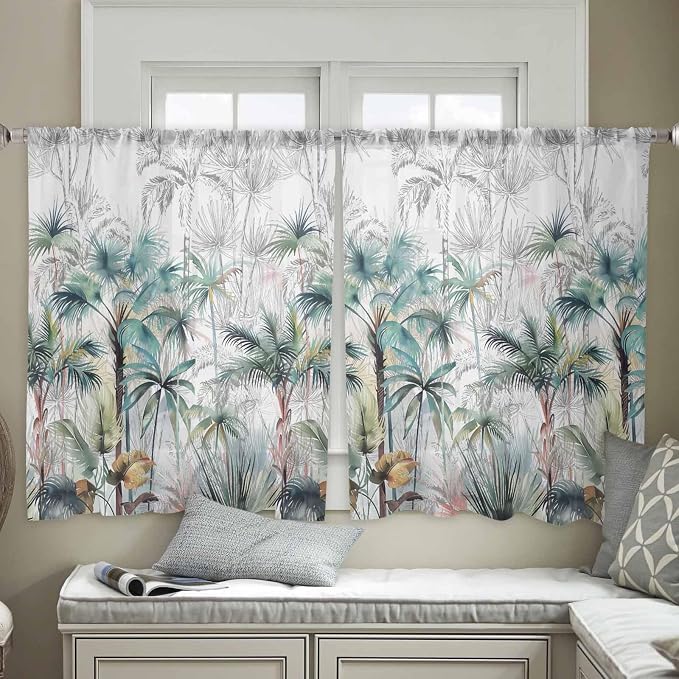 Teal Green Palm Tree Sheer Curtains 45 Inch Length 2 Panels Set for Living Room/Bedroom, Semi Curtain Sheers Drapes Rod Pocket Window Curtains 52x45x2 Summer Tropical Coconut Plant Modern White