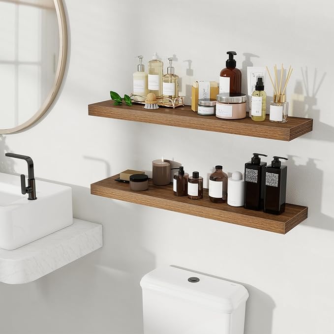 Fun Memories Floating Shelves for Wall, 32 Inch Set of 2 Rustic Wood Wall Shelves with Invisible Brackets, Heavy Duty Storage Display for Living Room Bedroom Kitchen, Walnut