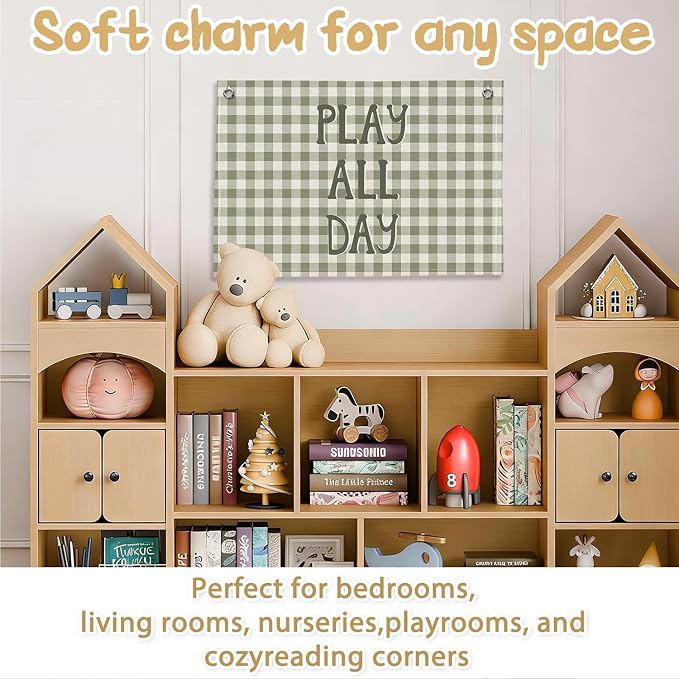 RTXLEZM Kids Playroom Decor, Play All Day Canvas Banner Wall Hanging, Retro Boho Sage Green Plaid Wall Art Prints for Baby Toddler Boys Nursery Room Bedroom Playroom Decor, 20x30 Inch