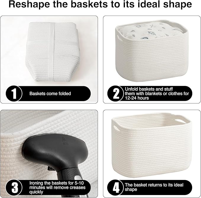 ICERZCZ Storage Baskets for Organizing & Shelves, Woven Cotton Rope Organization Bins for Dog Toys, Clothes, Books, Nursery Organizer, 15" Lx11''Wx9.5''H, (4 Packs) Off White