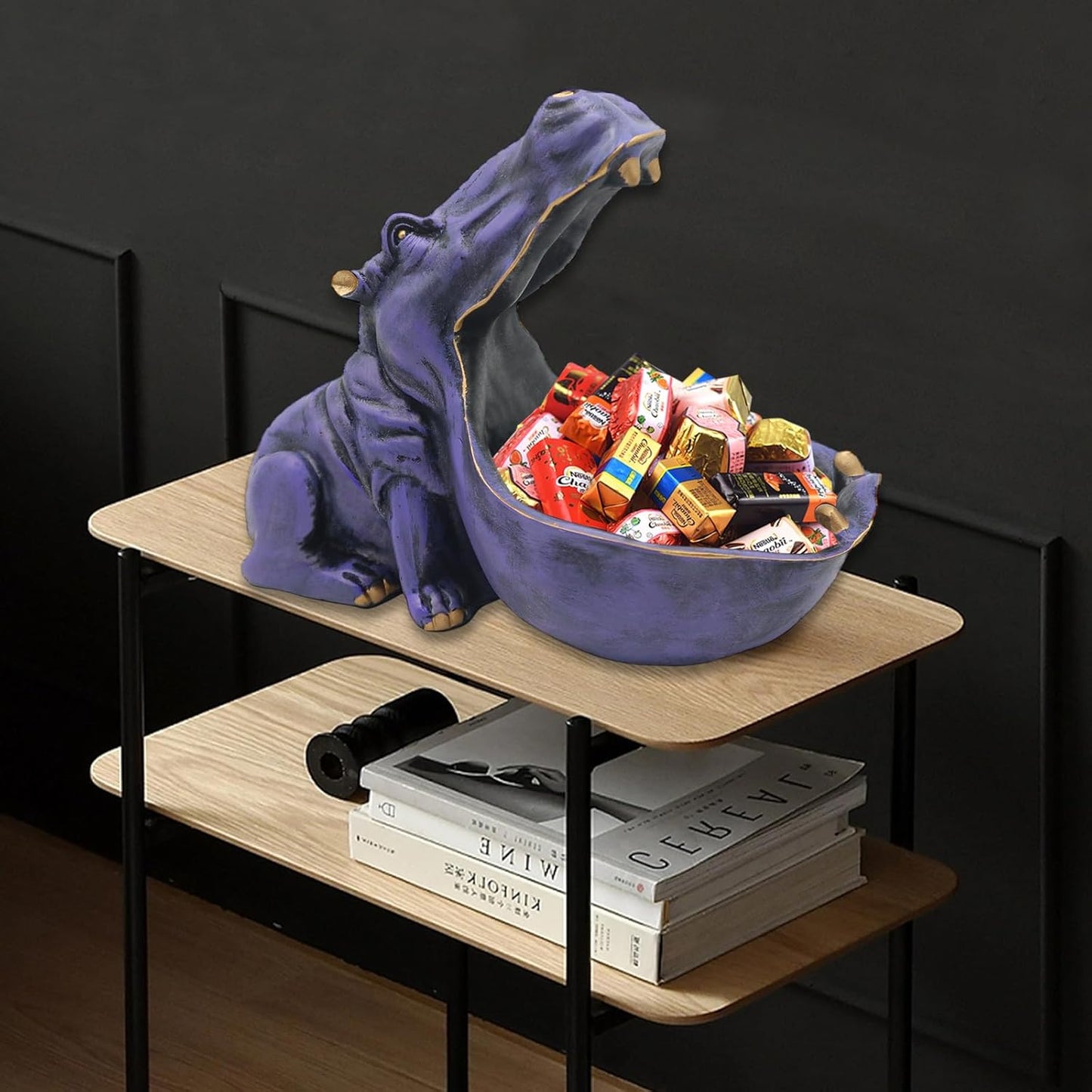 aboxoo Hippo Statue Home Resin Hippopotamus Figurine Fun Candy Dish,Key Bowl,Big Mouth Sculpture Table Art Decoration Sundries Container Storage Box (Purple)
