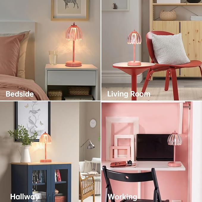 Shenmoyl Rechargeable Table Lamp with 5200mAh Battery & Touch Control - 3 Adjustable Color Temperatures, Cordless Dimmable Table Light for Bedroom, Office Desk, Nightstand (Clear Pink,Pink Base)