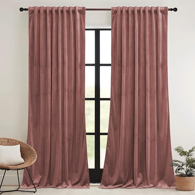 RYB HOME Dusty Pink Velvet Curtains 108 inch, Darkening Window Curtains for Living Room Energy Efficient Backdrop Festival Decor for Girls Bedroom Dining Room, Wild Rose, W52 x L108 inch, 2 Panel