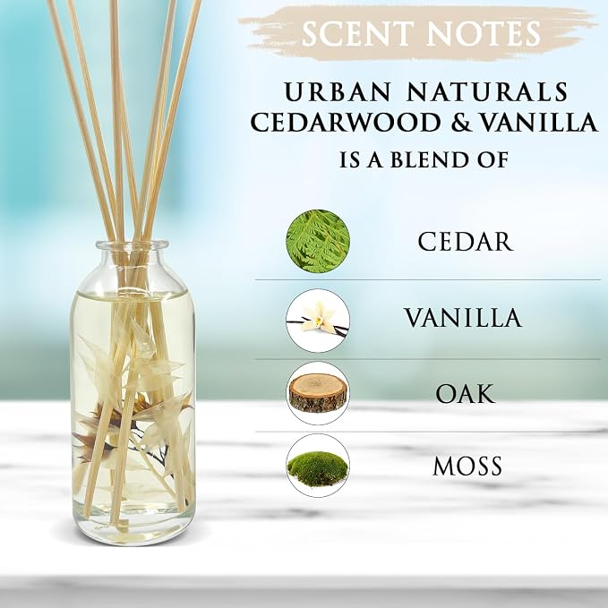 Urban Naturals Reed Diffuser Set, Cedarwood & Vanilla - Bathroom Décor | Made with Essential Oils & Real Botanicals, Cedar, Oak and Moss, Made in the USA