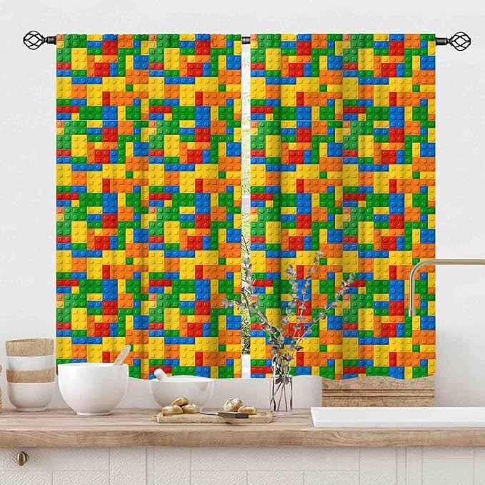 Kids Boys Curtains for Bedroom Building Blocks Curtains, Colorful Plastic Block Building Constructor Brick Blackout Window Treatments for Playroom Living Room Nursery, 84"x63" Inch