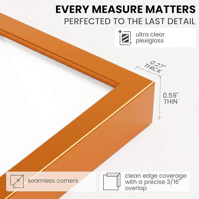 11x14 Picture Frame for 8x10 Photo, Minimalist Aluminum Frame, Orange | Sleek Metal Frame for Wall, Desk & Gift | Shatterproof Glass & Hardware