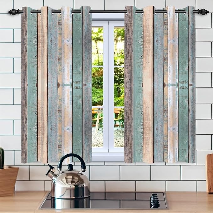 Rustic Wood Barn Door Curtains Kitchen Curtains Vintage Farm Style Colorful Wooden Planks Window Curtains Wood Boards Room Darkening Window Drapes for Living Room Bedroom,21x63 inch,2 Panels