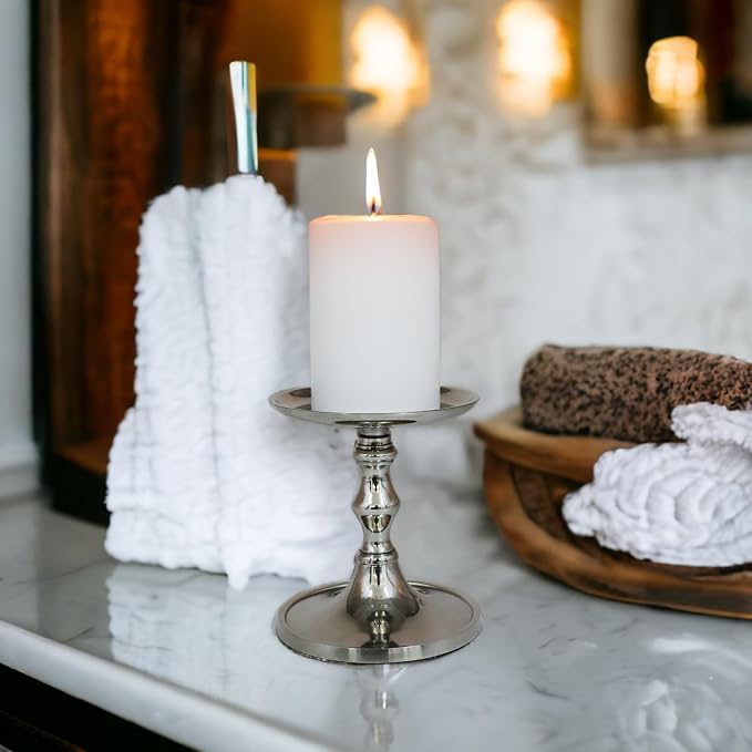 Hosley Set of 2 Silver Finish Pillar Holder, 5" High. Ideal Gift for Wedding, Party, Special Occasion or as a Candle Holder. W1