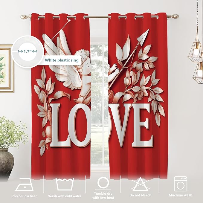 Shrahala Cupid Love Thermal Insulated Blackout Window Curtains, Romantic Love Long Drapes for Bedroom/Living Room with Plastic Grommet, 52X63 Set of 2