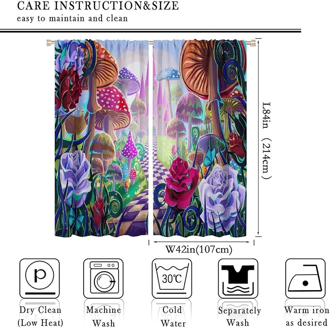 Fantasy Mushroom Curtains,Fairytale Forest Plant Castle Print Window Treatments for Bedroom Living Room Kitchen Colorful Cartoon Floral Window Drapes 2 Panels Set,Total Size84 x 84 Inch