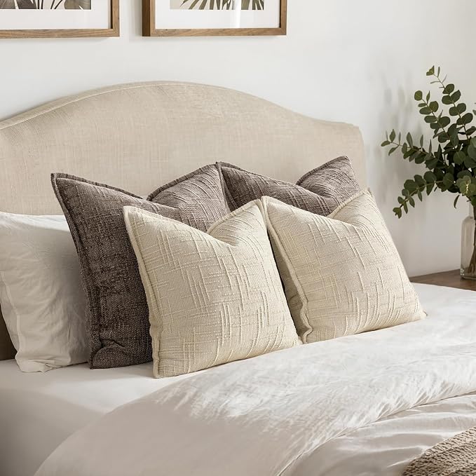 MIULEE Slubby Textured Decorative Throw Pillow Covers 20x20 Inch Set of 2 Boho Farmhouse Soft Cozy Chenille Pillows Cushion Cases Modern Neutral Home Decor for Couch Sofa Bed Living Room, Beige