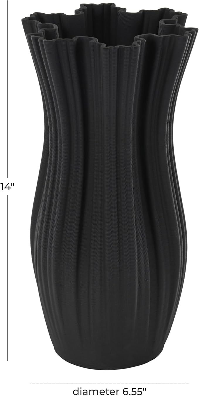 Deco 79 Ceramic Abstract Decorative Vase Ribbed Tulip Inspired Centerpiece Vase with Floral Shaped Rim, Flower Vase for Home Decoration 7" x 7" x 14", Black