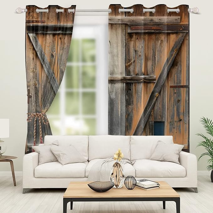 Old Grey Wood Barn Door Window Curtains American Rustic Garage Door Curtains Vintage Wooden Door Window Drapes Wood Planks Rural Style Native Farmhouse Bedroom Treatment,21x45 inch,2 Panels