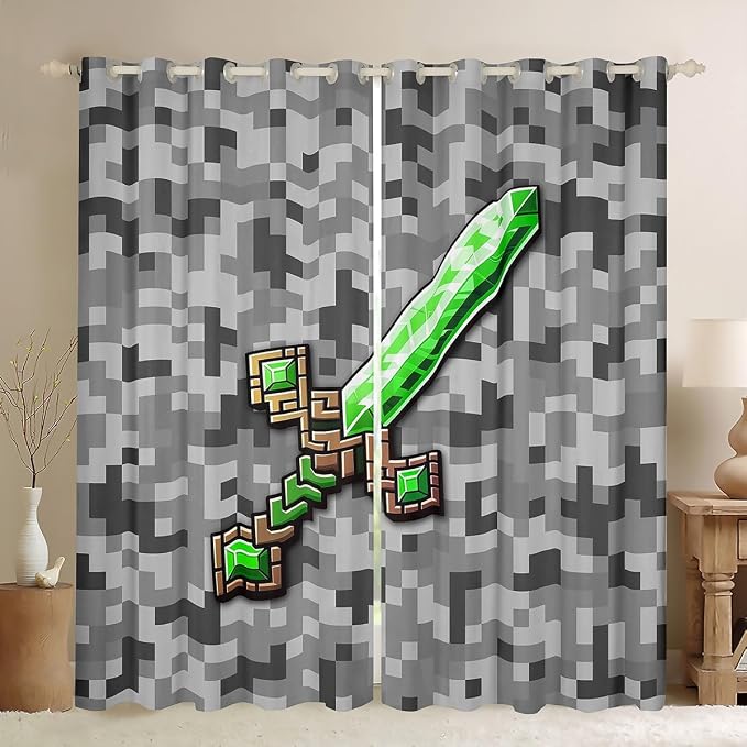 Castle Fairy Green Gemstone Window Curtains,Green Brown Sword Privacy Blackout Curtain for Window Grey Pixel Shade Windows Covering for Bedroom Miner Theme Square Drapes 2 Panels,52Wx84L