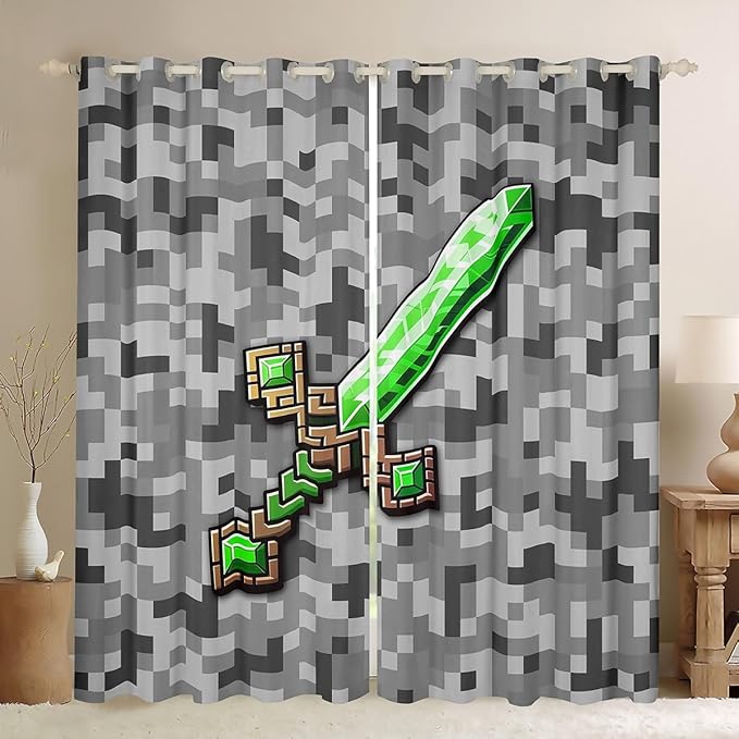 Castle Fairy Green Gemstone Window Curtains,Green Brown Sword Privacy Blackout Curtain for Window Grey Pixel Shade Windows Covering for Bedroom Miner Theme Square Drapes 2 Panels,52Wx90L
