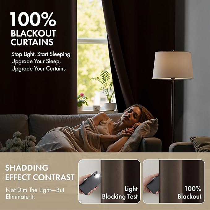 MIULEE 100% Blackout Curtains for Bedroom 72 Inch Long, 2 Thick Layers Thermal Insulated Black Out Window Curtains with Black Liner, Noise Reducing Grommet Living Room Drapes 2 Panels Chocolate Brown