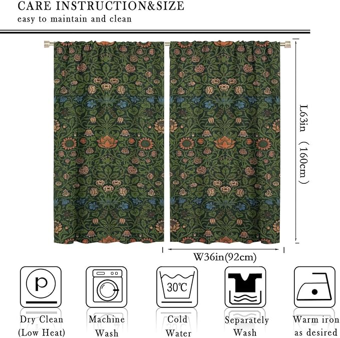 Bohemia Plant Flowers Pattern Blackout Window Curtains, William Morris Art Print Vintage Decor Curtains, for Living Room Bedroom 36(W)*63(L) 2 Panels