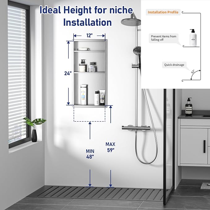 Stainless Steel Shower Niche 24" X 12" Brushed No Tile Needed Vertical Niche Shower with Three-Tier Shelves Recessed Wall Niches for Bathroom Storage Over Mount Installation