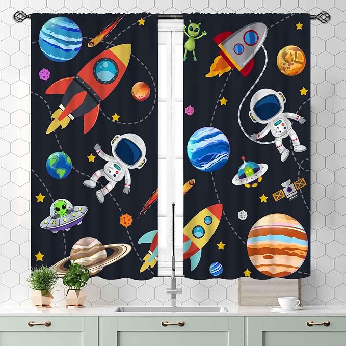 Kids Space Curtains for Boys Room, Cartoon Universe Galaxy Space Planet Astronaut Anime Boys Kids Girls Window Drapery Treatments for Bedroom Living Room Nursery 2 Panels, 55x39 Inch