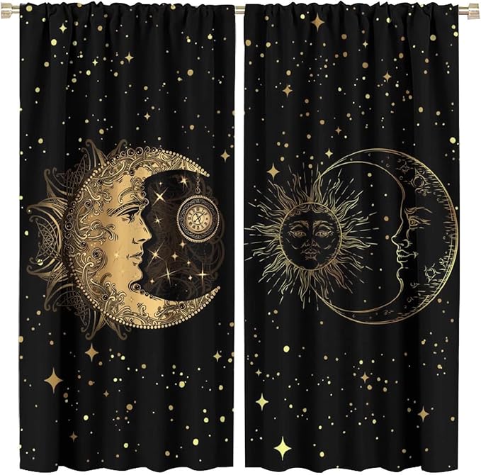 Sun and Moon Blackout Windows Curtains, Golden Planet Star Mysterious Galaxy Curtains Space Curtains, for Living Room Bedroom 42x45in 2 Panels
