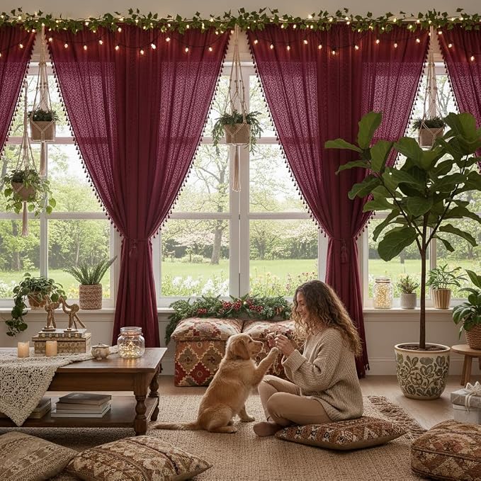 WAZZIO Boho Lace Curtains 63 Inches 2 Panel,Light Filtering Privacy Tassel & Geometry Crochet Semi Sheer Curtain Drapes for Bedroom Living Dining Room,Rod Pocket & Tassel,Burgundy Red