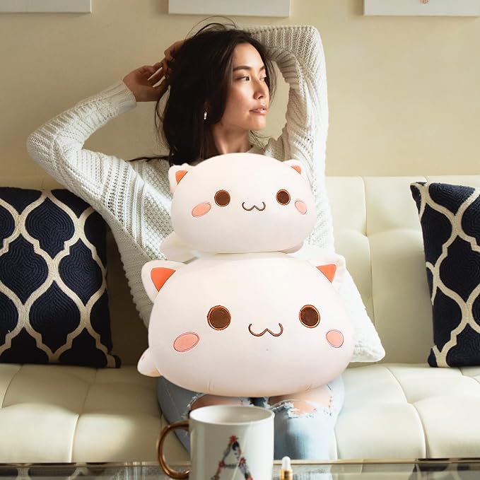 FUYU Cat Stuffed Animals, Soft Cat Plush Pillow Kawaii Kitten Stuffed Animal Toy Gifts for Kids Boys Girls Room Decor (White Round Eyes,19in/50cm)