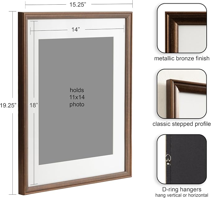 Kate and Laurel Adlynn Rectangle Picture Frame Set of 3; 14 x 18 matted to 11 x 14; Bronze; Vintage Three-Piece Frame Set for Gallery Wall Frame Set in Living Room Wall Decor