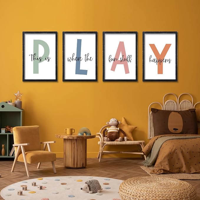 Playroom Wall Art Decor This Is Where The Fun Stuff Happens Sign Colorful Letters Decor 4 Piece 16"×11" for Toddler Modren Nursery Children Prints Small Wood Framed Wall Hanging (Black)