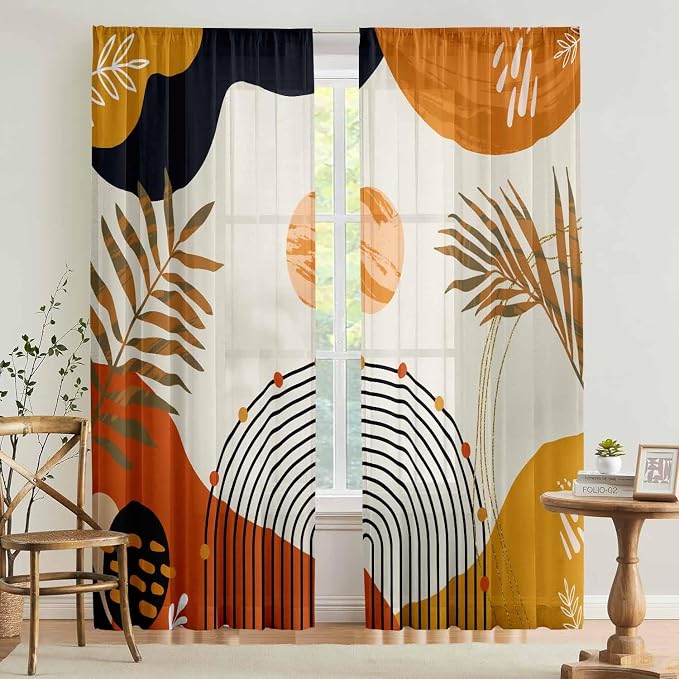 Colorful Boho Curtains Mid Century Modern Semi Sheer Curtains 52X96 Inch Abstract Leaves Retro Rainbow Living Room Curtain 2Pc Fun Geometric Drapes Yellow Plant Window Curtain for Bedroom