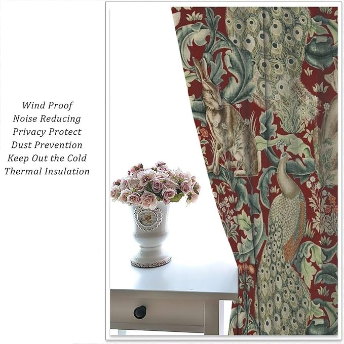 Vintage William Morris Wildlife Blackout Window Curtains, Rustic Boho Animal Plant Window Drapes, for Living Room Bedroom 31.5(W)*72(L) 2 Panels