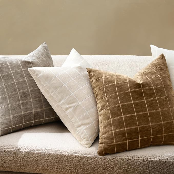 MIULEE Toffee Plaid Decorative Fall Throw Pillow Covers 18x18 Set of 2 | Vintage Check Chenille Couch Pillows Boho Farmhouse Cushion Covers Modern Fall Home Decor for Sofa Bed Living Room