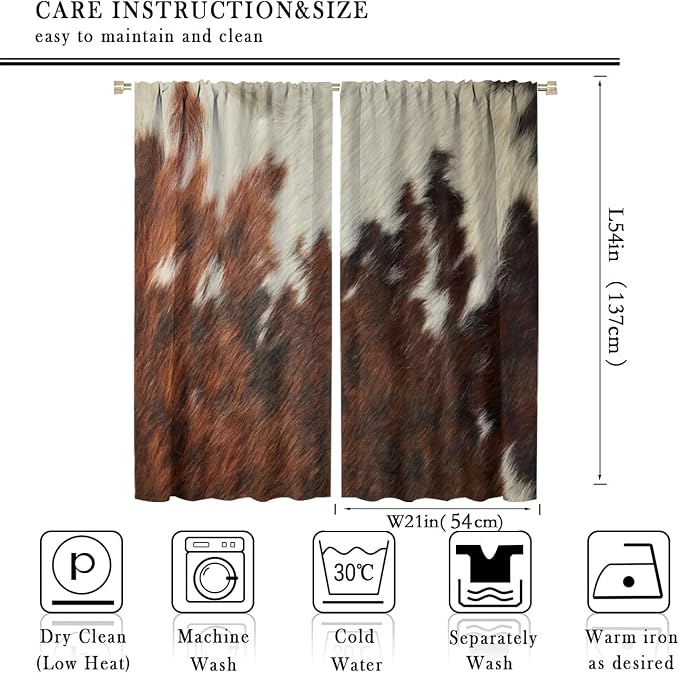 Cow Print Blackout Curtain,Animal Fur Skin Brown White Cowhide Western Rustic Farmhouse Window Treatments Rod Pocket Curtain for Bedroom Living Room Kitchen Decor Drapes 42x54in