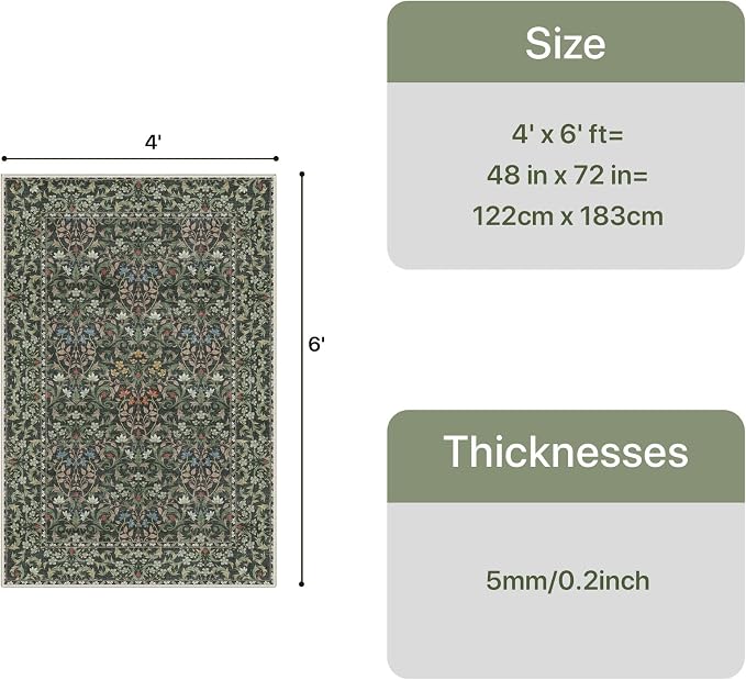 GENIMO 4x6 Washable Area Rug for Bedroom, Non Slip, Emerald Green | Vintage Boho Floral Low Pile Thin Carpet for Bedroom, Dining Room, Nursery, Indoor Decor